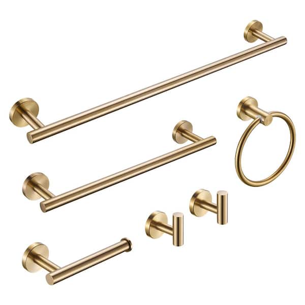 Modern 6-Pieces Stainless Steel Bath Hardware Set with Towel Ring Toilet Paper Holder Towel Hook and Towel Bar in Gold