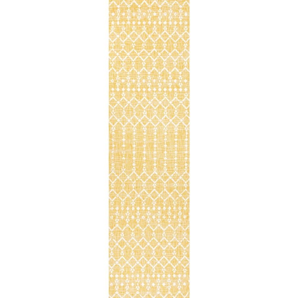 Ourika Moroccan Yellow/Cream 2 ft. x 10 ft. Geometric Textured Weave Indoor/Outdoor Area Rug