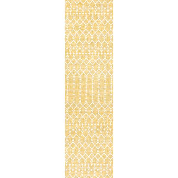 Ourika Moroccan Yellow/Cream 2 ft. x 8 ft. Geometric Textured Weave Indoor/Outdoor Area Rug