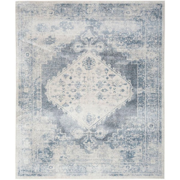Nourison Astra Machine Washable Blue Ivory 12 ft. x 15 ft. Distressed Traditional Area Rug