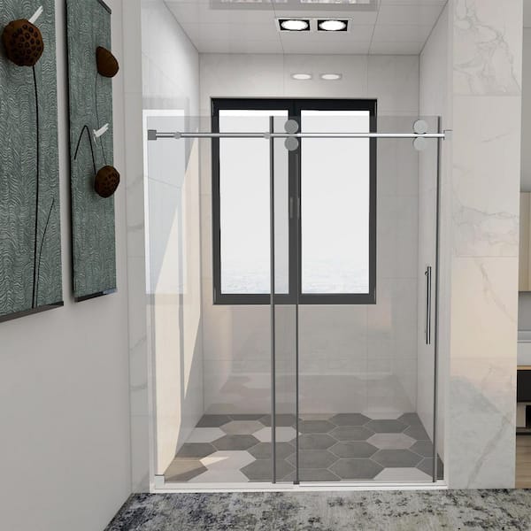Topcraft 60 In W X 66 H Single Sliding Frameless Shower Door Enclosure Brushed Nickel With Clear Glass Amss04 Bc 6066 Topcraft 60 In W X 66 H Single, 66 Inch Wide Sliding Shower Doors