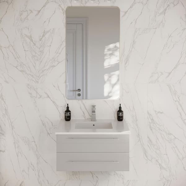 Lucera 30 in. Single Sink Wall Mount Floating Gray Bath Vanity with White Quartz Top and Undermount Ceramic Sink