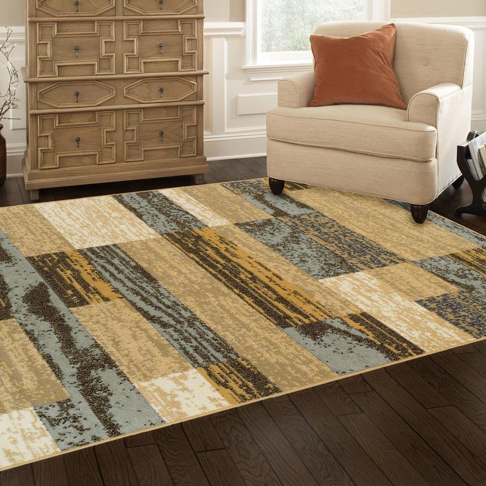 Modern Geometric Beige & Light Blue Synthetic Area Rug, 8' x 10'