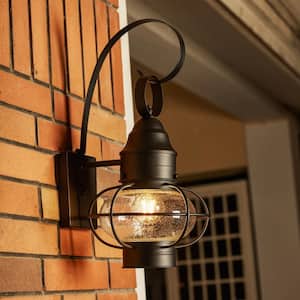 1-Light Matte Black Hardwired Outdoor Wall Lantern Sconce with Clear seeded glass
