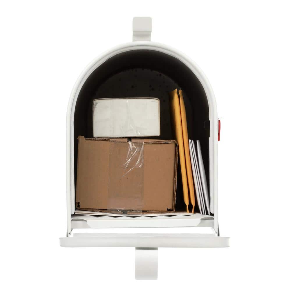 Large White Aluminum Post Mount Mailbox with Red Flag