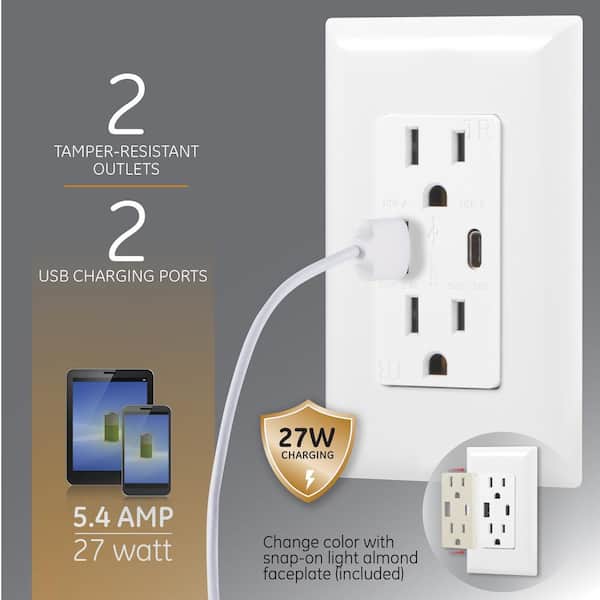 GE UltraPro In-Wall Receptacle with USB-C and USB-A Charging, 40838, White