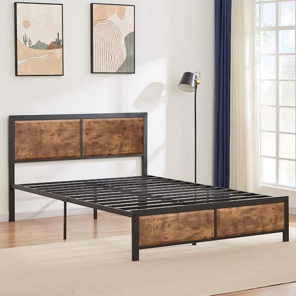 Jaxpety Queen Size Metal and Wood Bed Frame with Wooden Headboard