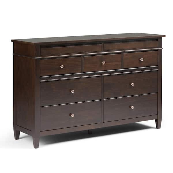 Simpli Home Carlton 9-Drawer Solid Wood 58 in. Wide Contemporary Bedroom Dresser in Tobacco Brown