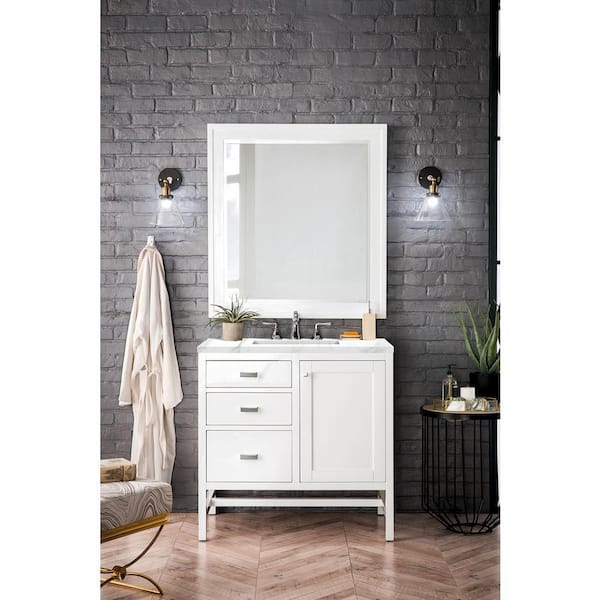 Addison 36 in. W x 23.5 in. D x 35.5 in. H Bath Vanity in Glossy White with Carrara White Marble Top