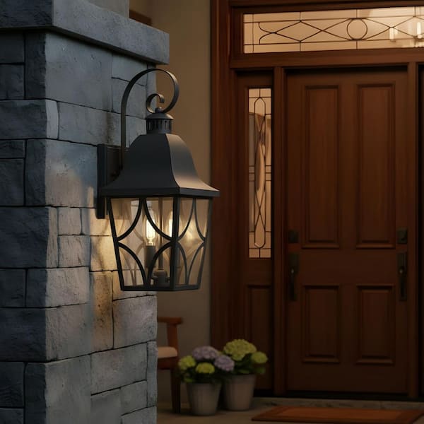 18.1 in. 2-Light Black Industrial Style Outdoor Wall Sconce with Glass Shade(1-Pack)