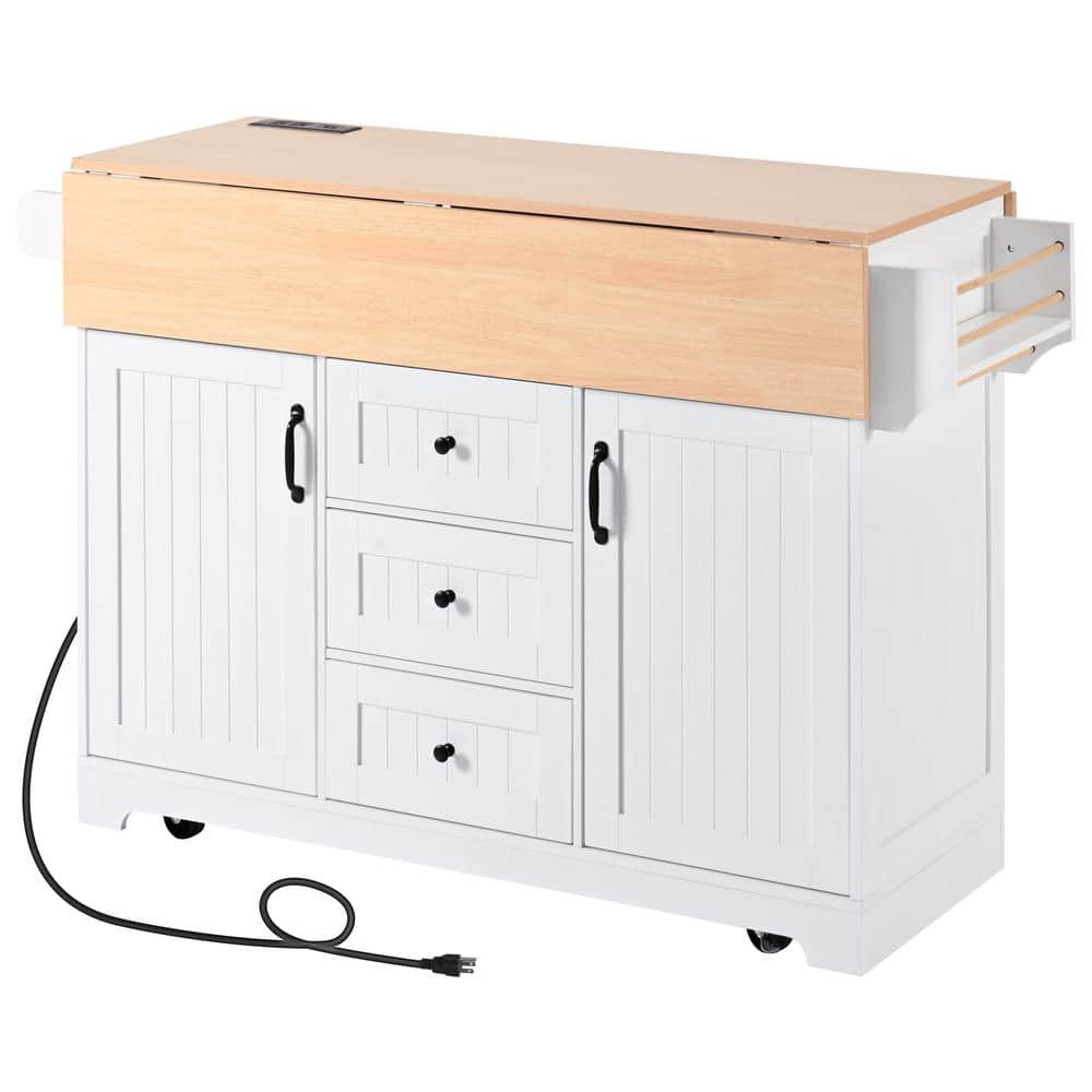 White Wood 55.7 in. W Storage Kitchen Island, Folding Dining Table with Power Outlet and Towel Rack