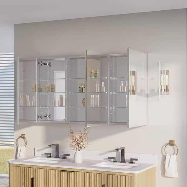 52 in. W x 30 in. H Rectangular Recess/Surface Mount Medicine Cabinet with Mirror, 3 Soft Close Door, Left or Right Open