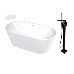 Maris 59 in. x 31.125 in. Soaking Bathtub with Center Drain in Gloss White/Matte Black with Faucet and Pillow