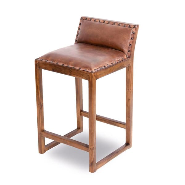 Ashcroft Furniture Co Century 25.5 in. Tan Mid-Century Low Back Solid Wood Frame Genuine Leather Upholstered Counter Stool