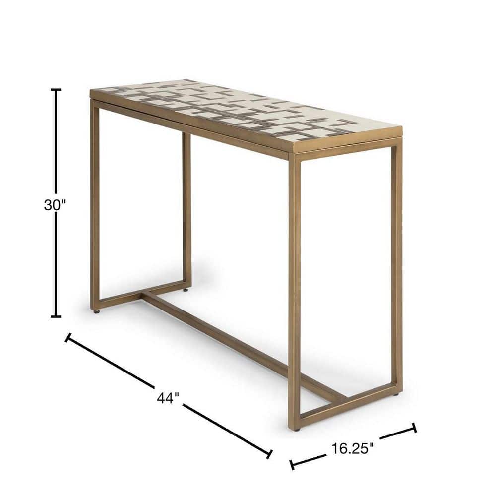 Geometric Mosaic Cream and Gold Tile Console Table with Brushed Brass Base