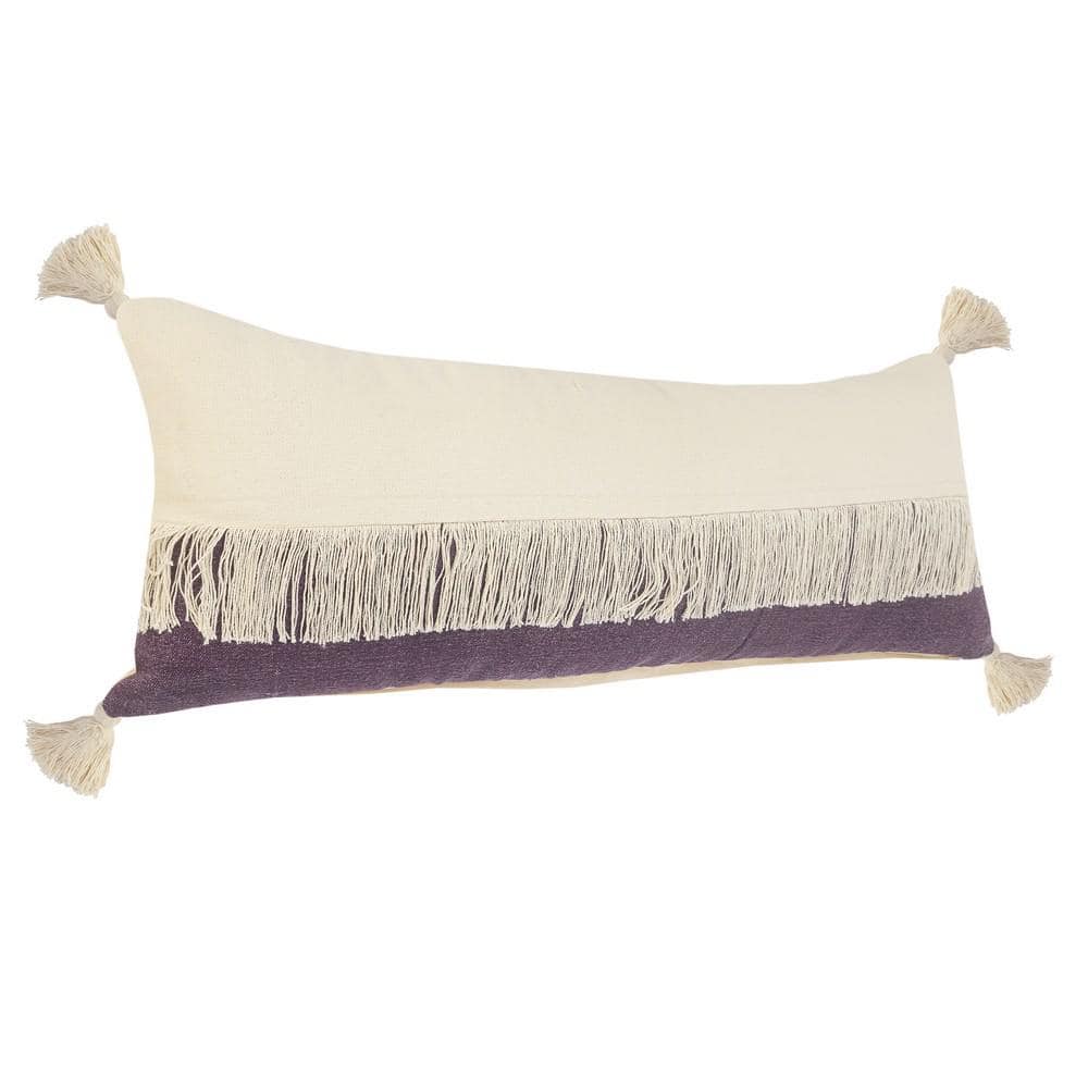 Purple and Off-White Cotton Fringe Lumbar Pillow, 14" x 36"