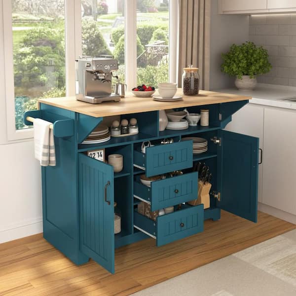 Farmhouse Green Wood 55.7 in. Power Outlet Dual Drop-Leaf Rolling Kitchen Island Storage Cart with 3-Drawer and 2-Door