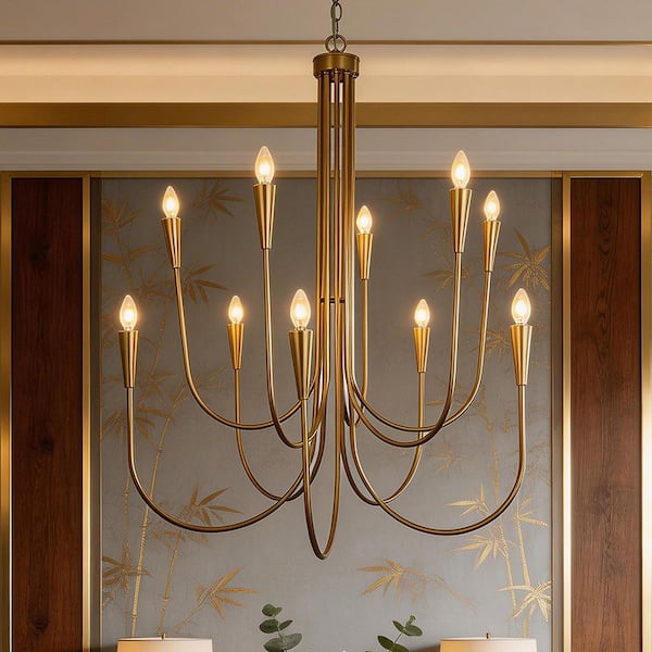 35.8 in. 10-Light Brass Gold Modern Candle Chandelier, 2-Tier Metal Hanging Chandelier for Living Room, Kitchen Island