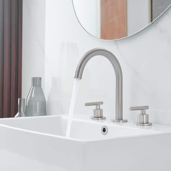 8 in. Widespread Double Handle High-Arc Bathroom Faucet Water-Saving with Drain Kit in Brushed Nickel