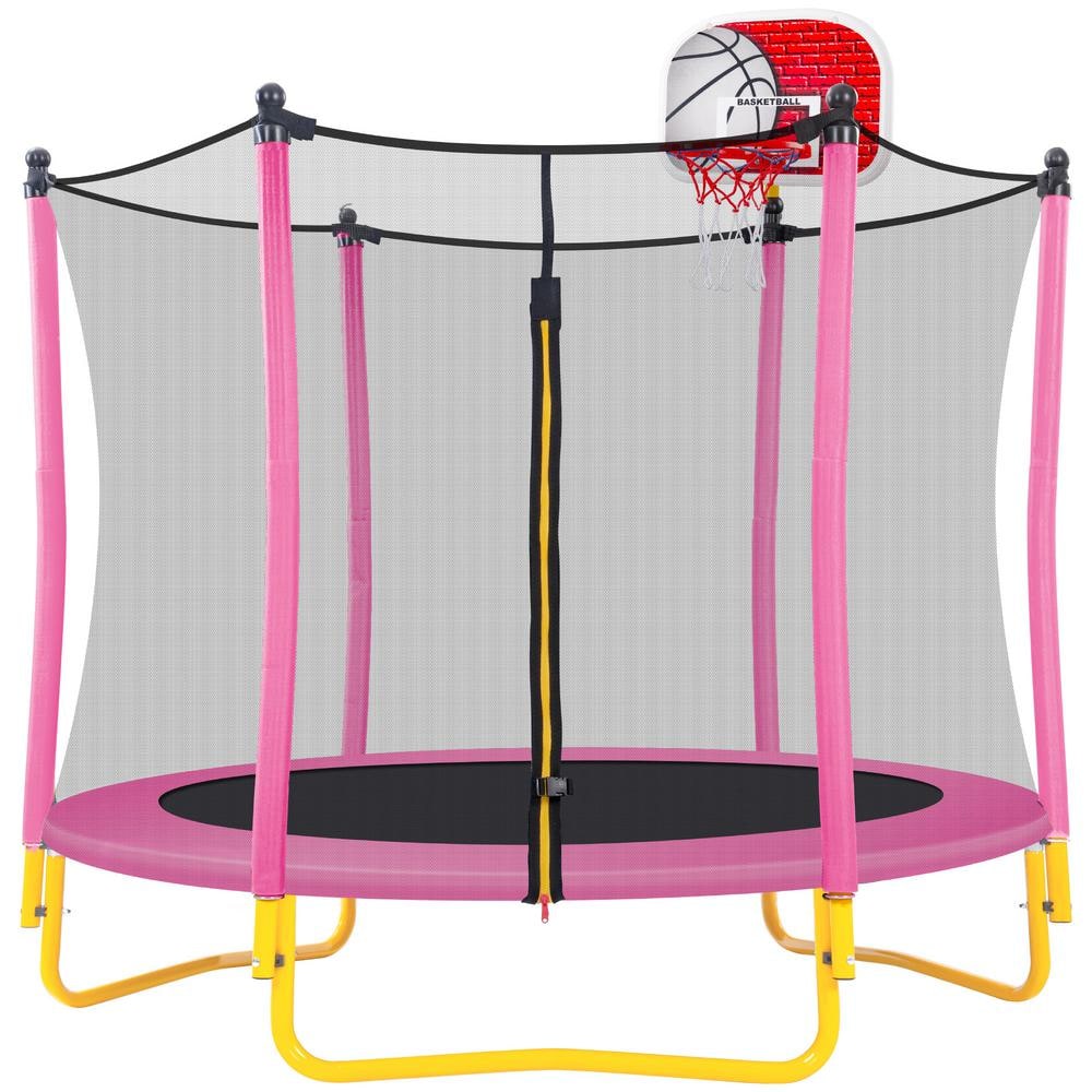65 in. Kids Outdoor and Indoor Minimum Toddler Trampoline with Enclosure, Basketball Hoop and Ball in Pink