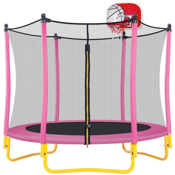 65 in. Kids Outdoor and Indoor Minimum Toddler Trampoline with Enclosure Basketball Hoop and Ball in Pink