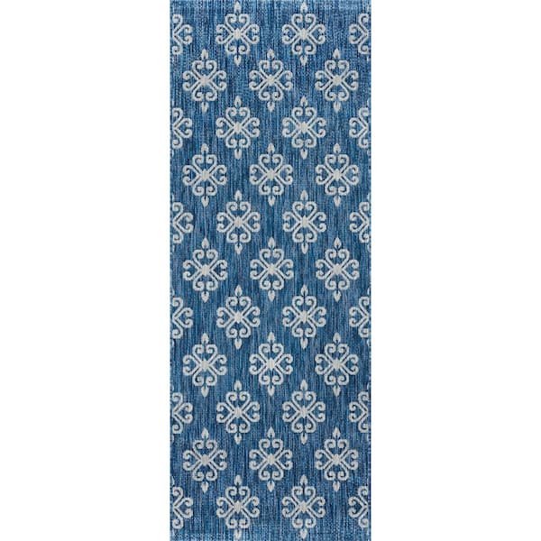 Veranda Geometric Indigo 3 ft. x 8 ft. Indoor/Outdoor Runner Rug