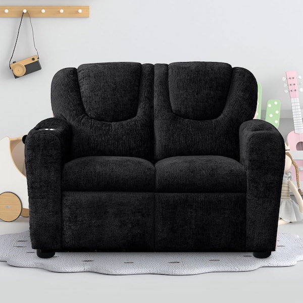 Black/Chenille Recline, Relax, Rule Kids' Comfort Push Back Kids Loveseat with Footrest & Cup Holders Chenille Fabric