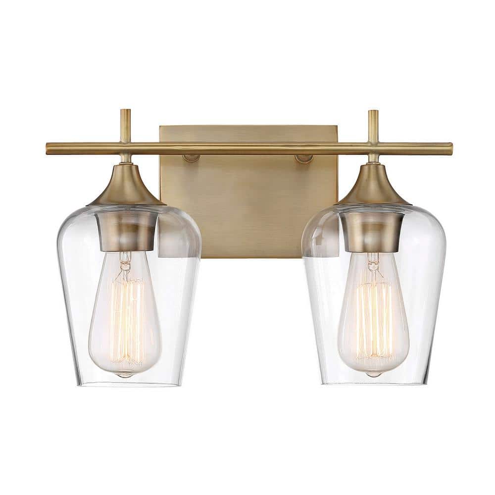 Warm Brass 2-Light Vanity Fixture with Clear Glass Shades