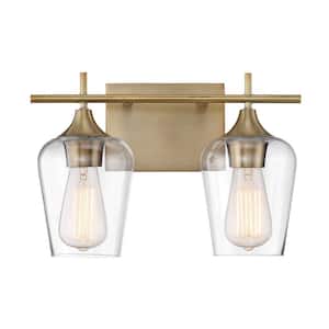 Octave 13.75 in. W x 9 in. H 2-Light Warm Brass Bathroom Vanity Light with Clear Glass Shades