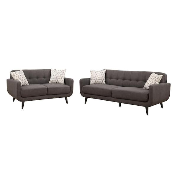 AC Pacific Crystal Upholstered Mid-Century 2-Piece Charcoal Living Room Set with 4-Accent Pillows