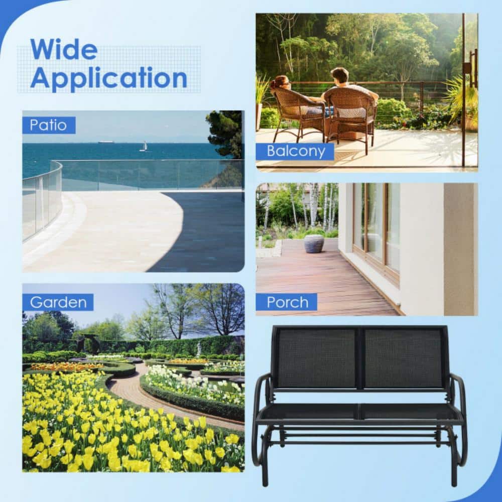 Black Steel Outdoor Glider Bench Loveseat with Mesh Fabric