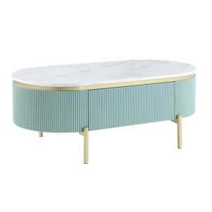 Kivelle 48 in. Green/White Oval Faux Marble Top Coffee Table with Storage
