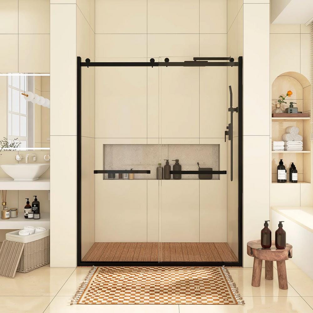 60-Inch Matte Black Frameless Sliding Shower Door with Clear Glass