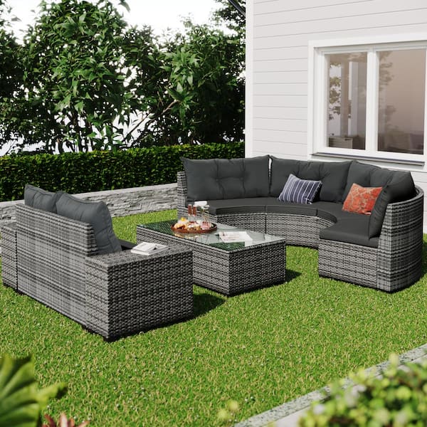 8 Pieces Wicker Outdoor Round Sofa Sectional Set with Rectangular Coffee Table Movable Gray Cushion