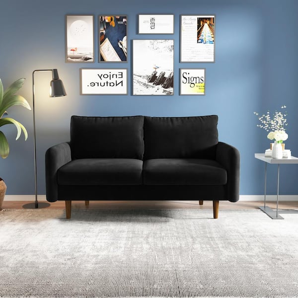Dwell Home Inc Weston 58 in. Velvet Round Arm Apartment Rectangle 2-Seat Loveseat - Black