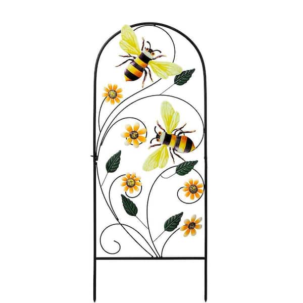 34 in. Decorative Metal Garden Stake with Flowers and Bees Outdoor Spring Yard Art Decor