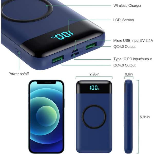 30,800mAh Portable Charger Power Bank 25-Watt Fast Charging with Wireless Charger and LED Display in Blue - (1-Pack)