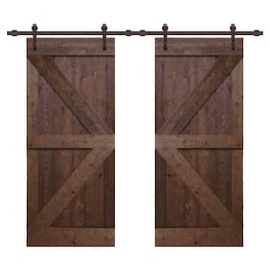 Distressed K Series 72 in. x 84 in. Walnut Solid Knotty Pine Wood Double Interior Sliding Barn Door with Hardware Kit
