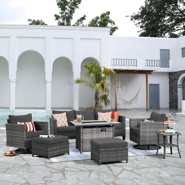Hyperion 7-Piece Wicker Patio Rectangular Fire Pit Set and with Black Cushions and Swivel Rocking Chairs