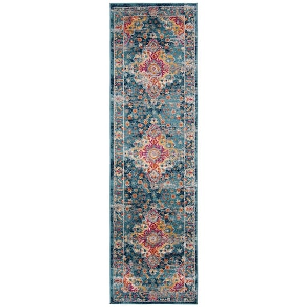SAFAVIEH Madison Teal/Fuchsia 2 ft. x 10 ft. Border Floral Geometric Medallion Runner Rug