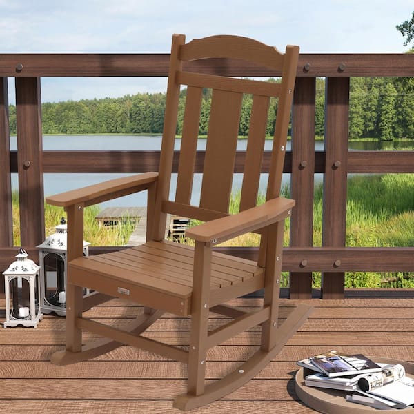 Brown HIPS Plastic Outdoor Adirondack Chair Rocking Design Patio Lounge Chair(1-Pack)