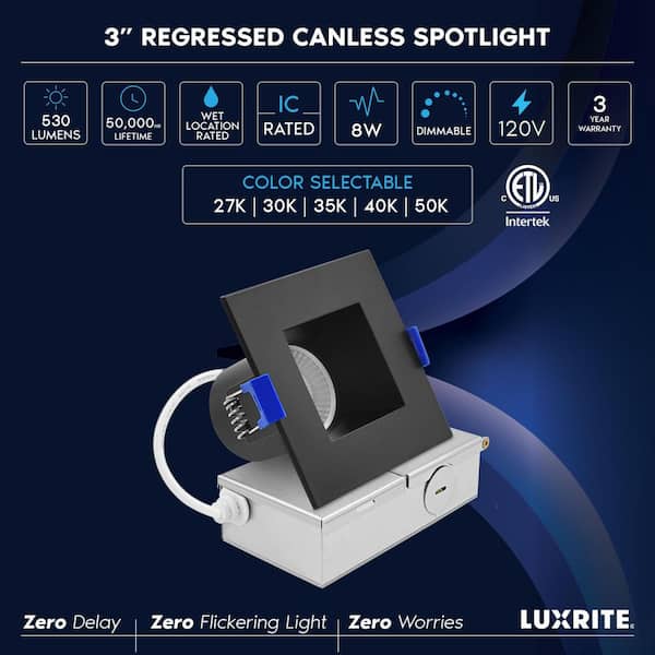 3in.Square Integrated LED Recessed Light J-Box 8W 5CCT 530LM Dimmable Canless Downlight Wet Rated IC Rated ETL Black 4PK