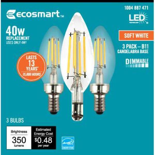 3 Pack EcoSmart 40W Equivalent Daylight B11 E12 Energy Star & Dimmable LED Bulb 