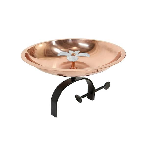 ACHLA DESIGNS 14.5 in. W Copper Plated and Colored Patina Dogwood Garden Birdbath with Over Rail Bracket