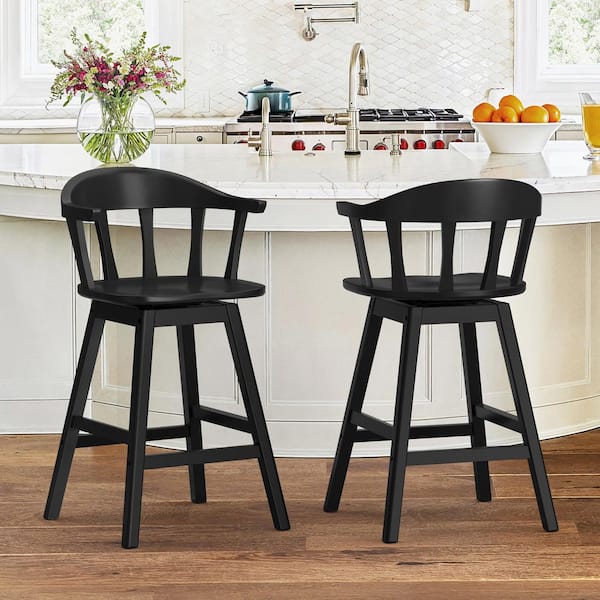 Windsor 37.4 in. Black Solid Wood Barstool Swivel Bar Stool Counter Height Chair with Thicked Spindle Back Set of 2