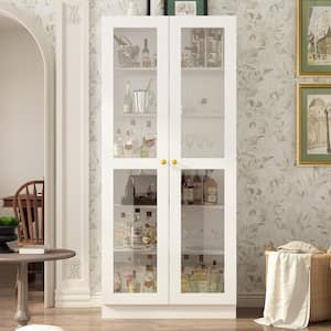 White Wood 31.5 in. W Food Pantry Cabinet Kitchen Tempered Glass Doors Sideboard with 6-Tier Shelves (70.9 in. H)