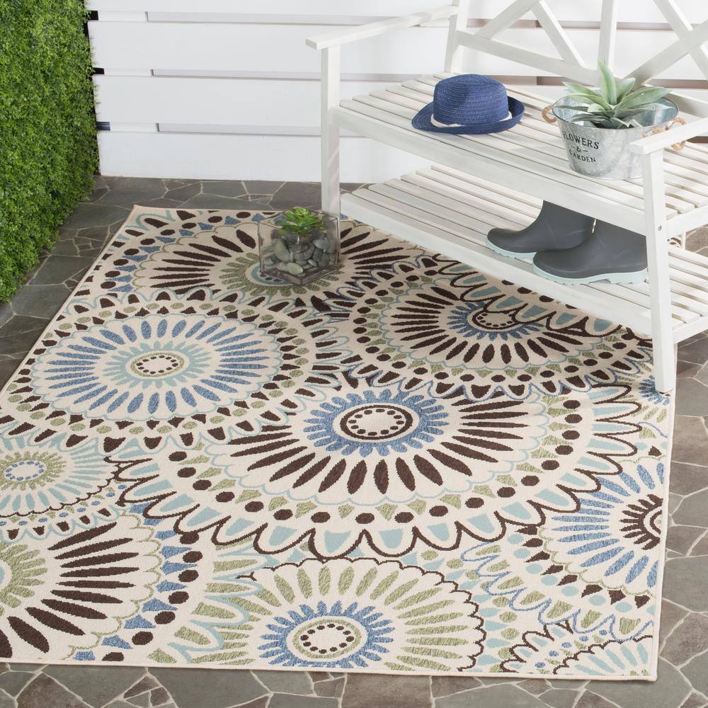 Cream and Blue Geometric Square Indoor/Outdoor Rug