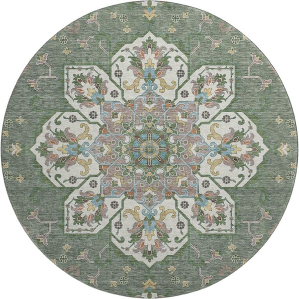 Mayfield Premium Machine Washable Abstract AMF2194 Green 8 ft. x 8 ft. Round Rug