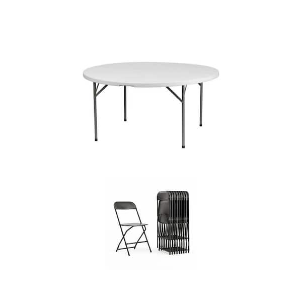 60 in. White Plastic Metal Folding Table and Black Metal 650 lb. Folding Chair (10-Count) Combo