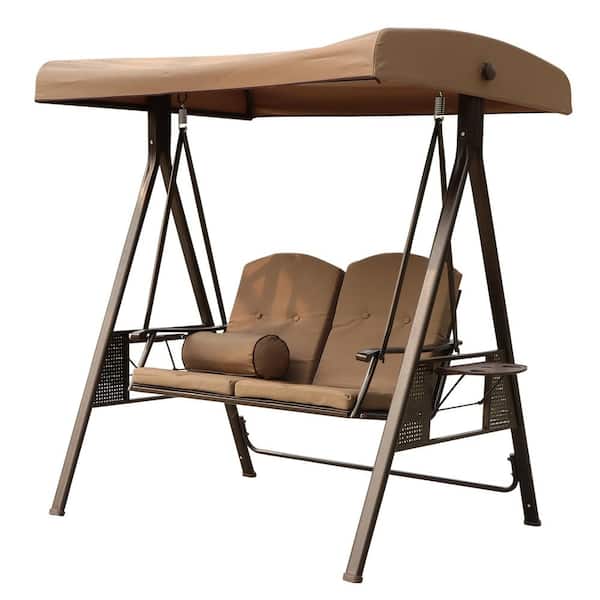 Willit 2-Person Metal Patio Swing with Brown Adjustable Canopy, Pillow, Removable Cushions